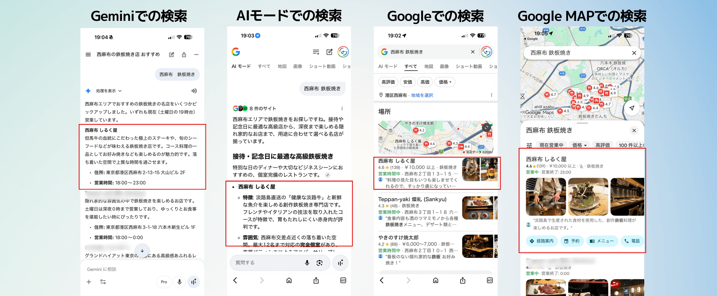 Gemini・GoogleのAIモード・Google検索・Googleマップの4つの画面で、「西麻布 しるく屋」がいずれも上位に表示されている実際の検索結果